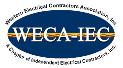 Logo for WECA-IEC, Western Electrical Contractors Association, with a wire across the text.