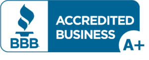 BBB Accredited Business logo with an A+ rating on a blue and white background.