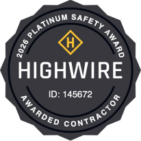 Highwire Platinum Safety Award 2026 badge for awarded contractor, ID: 145672.