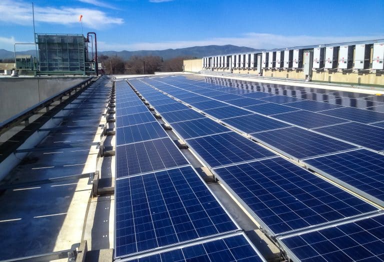 Rows of blue solar panels installed on a flat rooftop under a clear, sunny sky.